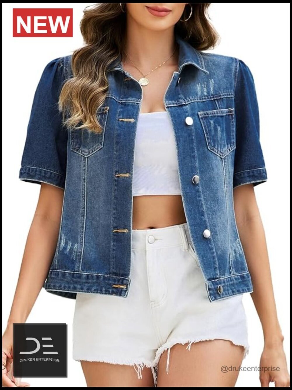 Cropped Denim Jacket with Puff Sleeves Distressed Ripped Button Down